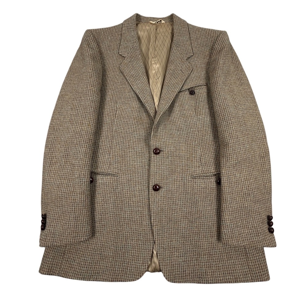 Oleg Cassini 1970s Mens Blazer Jacket Brown Tweed Houndstooth Wool 42R